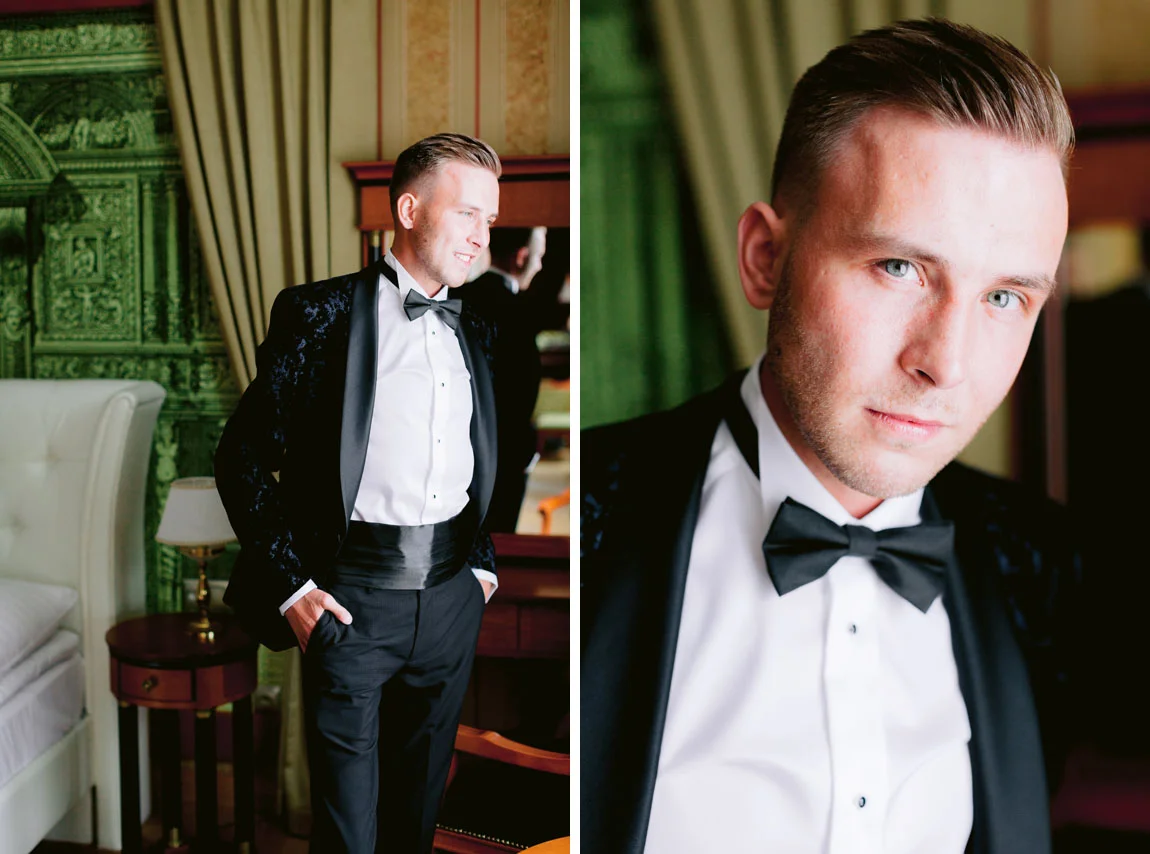 elegancki pan młody w czarnym garniturze