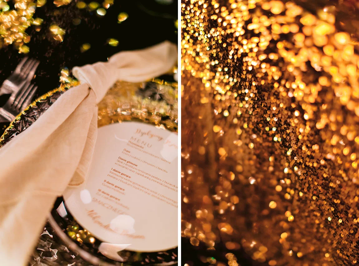 czarno złote dekoracje weselne