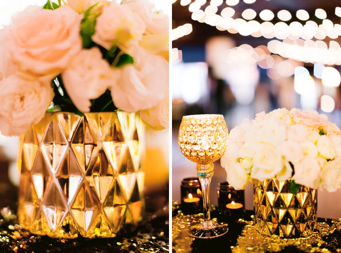 złote dekoracje na przyjęciu weselnym